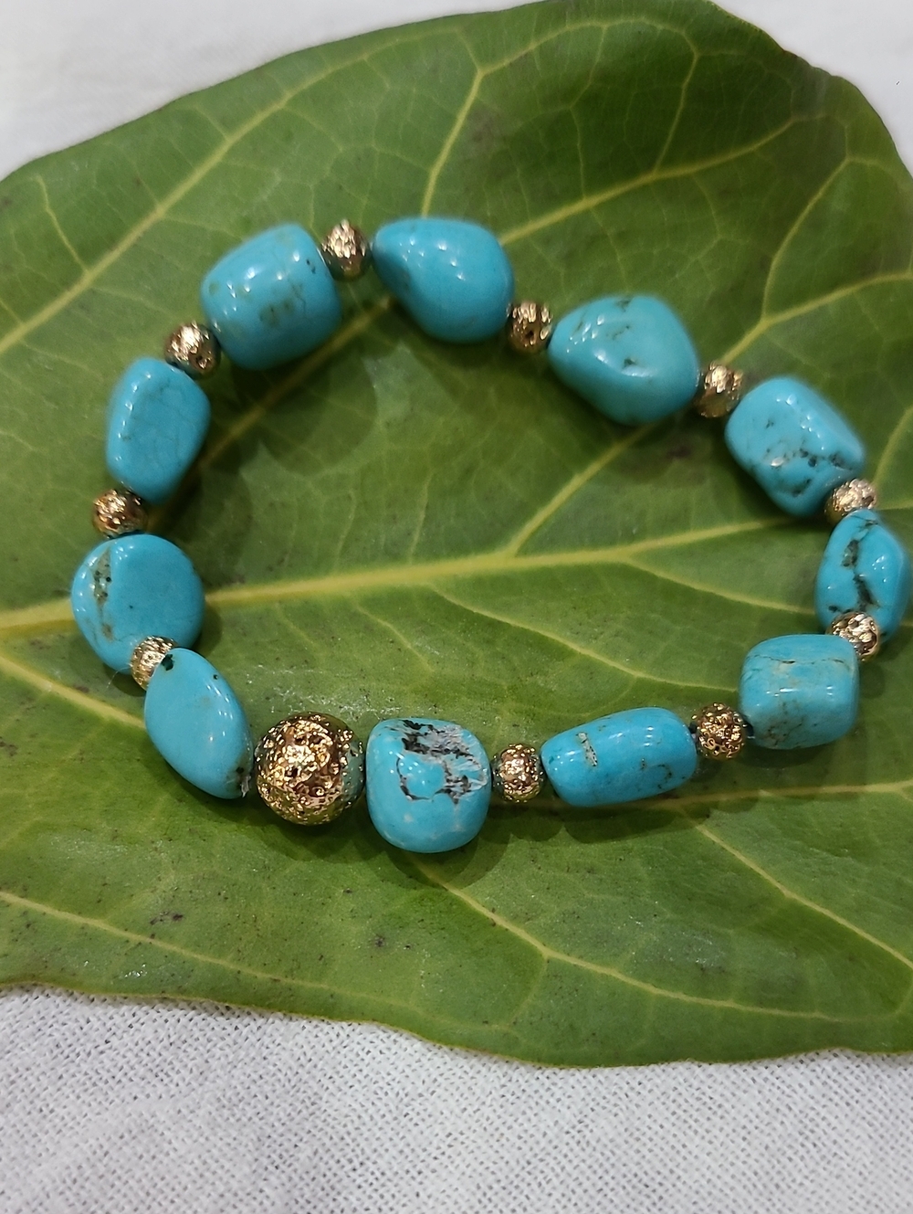 Turquoise Magnesite Stone Stretch Bracelet with Gold Accents